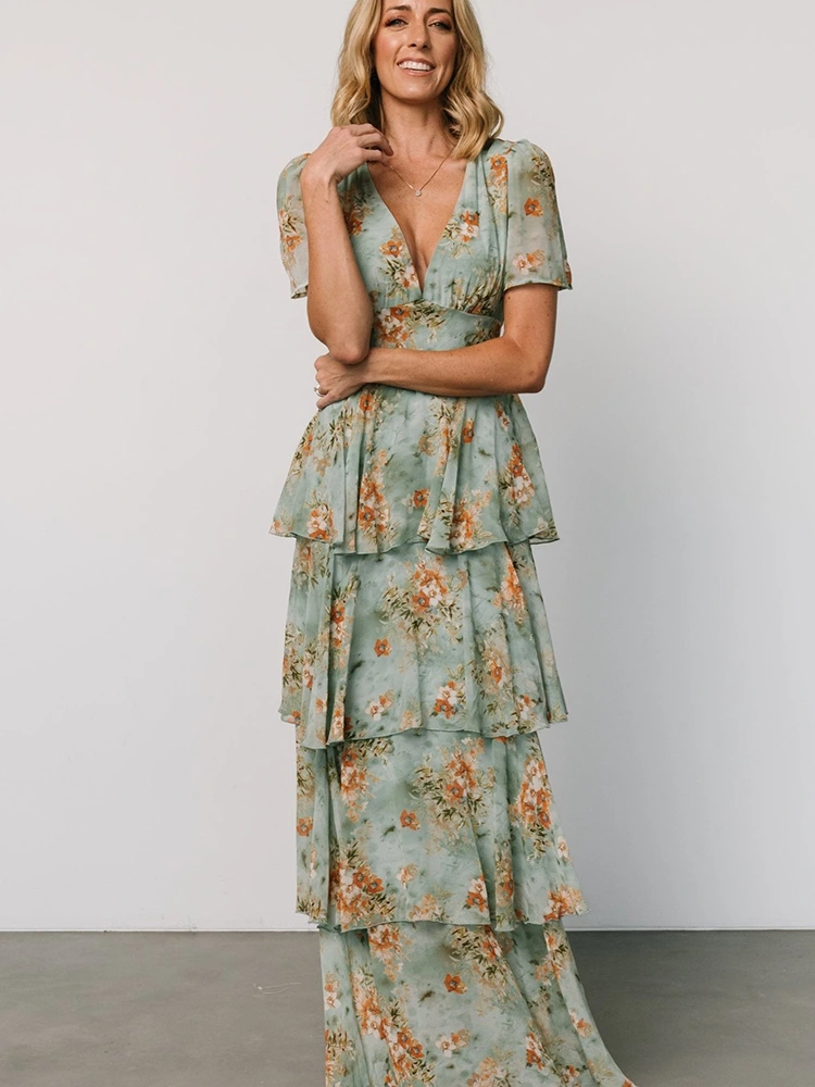 Ruffled Layered Pleated Print Maxi Dress