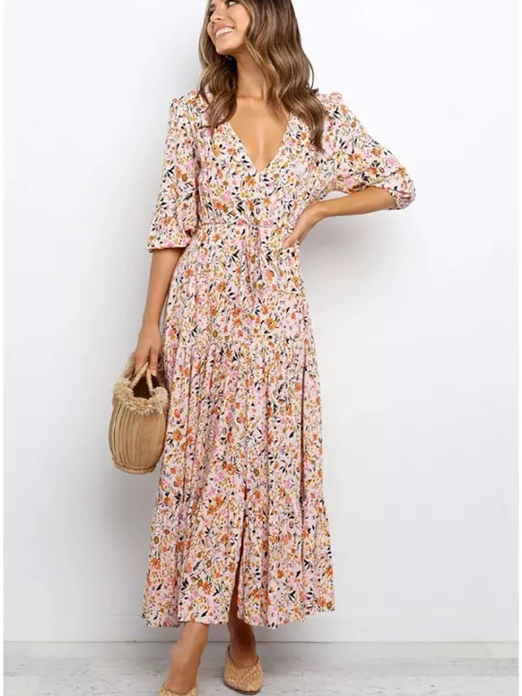Summer Printed V-Neck Long Dress