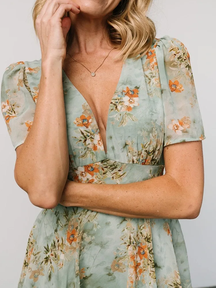 Ruffled Layered Pleated Print Maxi Dress