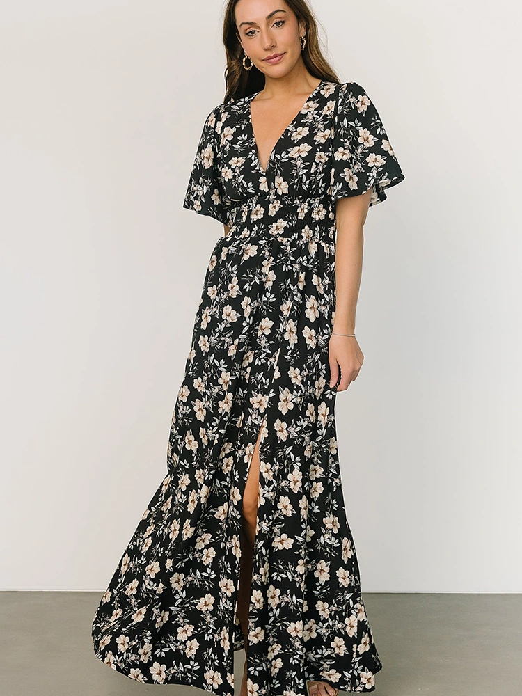 ຊຸດ Maxi ຄໍ V-Neck Chiffon ພິມລາຍດອກໄມ້