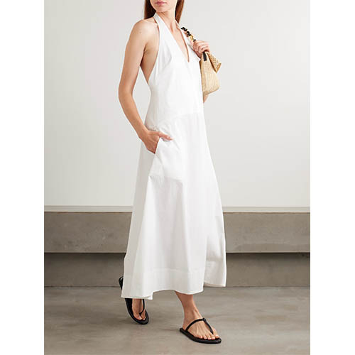 ສີຂາວ Halter Maxi Dress ທີ່ເລັບຜ່ອນຄາຍ Chic